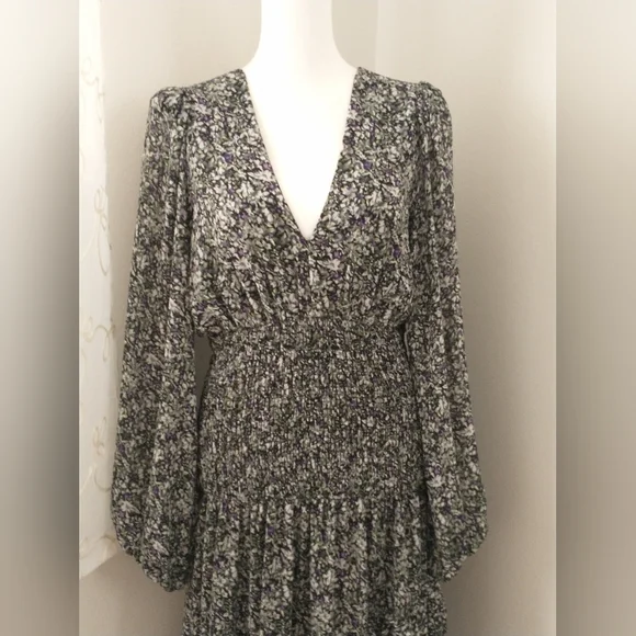 Astr floral ruffle puff sleeve asymmetrical midi dress M - Picture 2 of 11